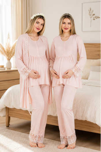 Pudra Dantelli Uzun Kollu Lohusa Hamile Pijama Takımı Sabahlık 33007